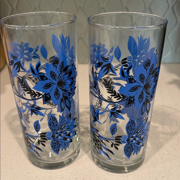 Libbey Floral Glasses with Blue and Black Design - Picture 2 of 4